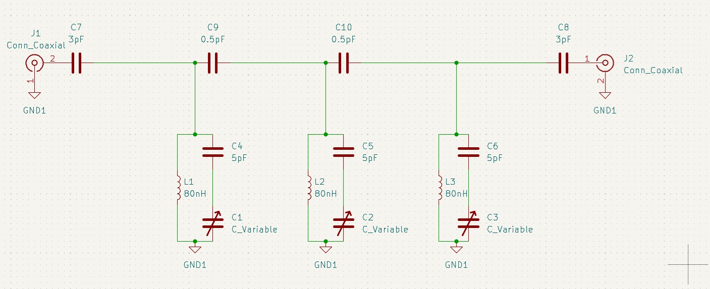 Esquemático del filtro pasabanda de tres etapas para 144,390 MHz
